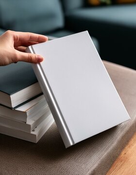 Mock up de libro con cubierta lisa y blanca para a&ntilde;adir ilustraci&oacute;n encima de otros libros en una mesa con una mano cogi&eacute;nolo