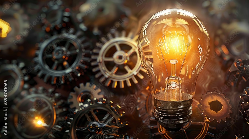 Aufkleber bright light bulb with surrounding gears, creating an inspiring and inventive background.