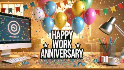 Festive Work Anniversary Celebration with Balloons and Confetti