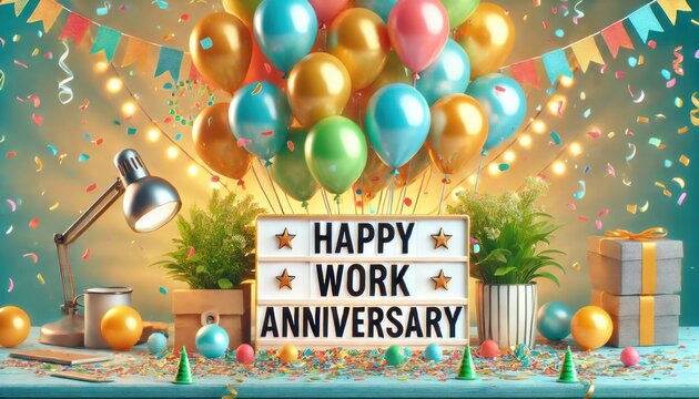 Office Work Anniversary Party with Colorful Balloons and Gifts