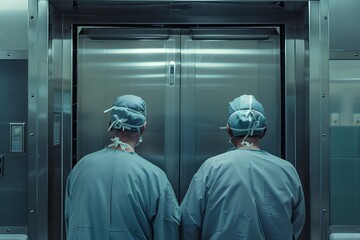 Two doctors were discussing in the hospital. The full body photo shows two men wearing scrubs and surgical caps facing away from the camera as they talk to each other. The background is an operating r