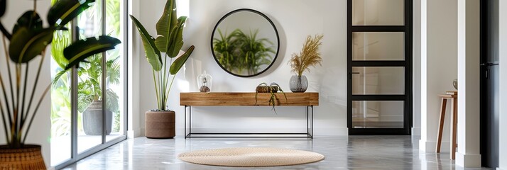 Modern home entryway with white walls, black steel door, glass planter for greenery, and a large mirror above a console table. Sleek minimalist decor with natural light and concrete floor texture.