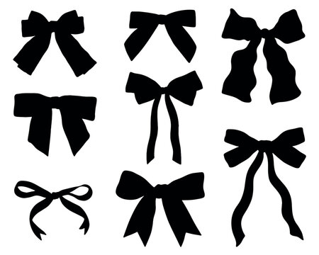 Set of simple decorative holiday ribbon bows isolated on white background. Bow silhouette hand drown