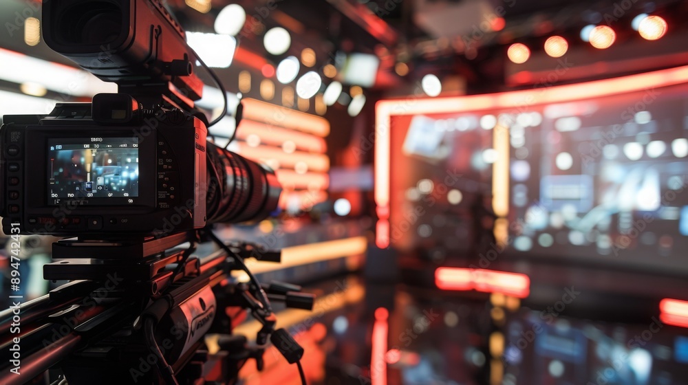Poster a camera is positioned on a tripod in a red studio set, with a screen in the background. the camera 