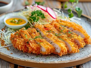 Delicious, fresh Tonkatsu, beautiful serving, exquisite decor, light interior, staged professional photography