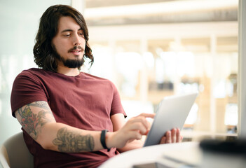 Man, tablet or planning for web design research, ideas or vision for it programming algorithm. Coder, designer or software developer reading on technology for communication, social media or iot app