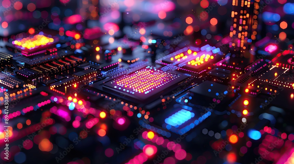 Poster vibrant close-up of an illuminated electronic circuit board showcasing intricate components and flow