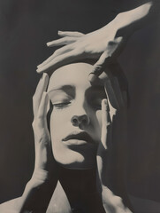 Surreal portrait of a woman with hands framing her face