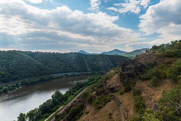 Labe river and Ceske stredohori mountains with Milesovka hill from Tri krize viewpoint in Czech republic