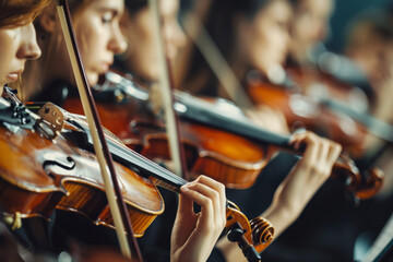 Violinists in an orchestra during a performance