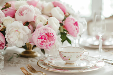 Beautiful tea table setting with a floral arrangement of pink and white flowers