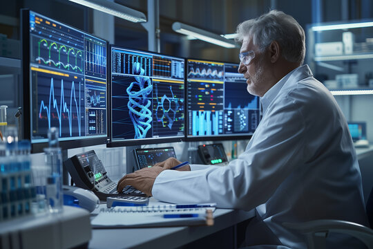 a medical scientist analyzing complex DNA data on a high-resolution computer screen. The lab setting should include multiple monitors displaying 3D models of DNA structures, detailed charts