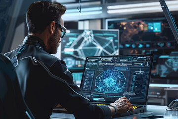  a close-up image of a laptop screen showing a man interacting with AI software. The screen features a detailed visual prompt, a progress bar, and a stunning AI-generated image in real-time. 