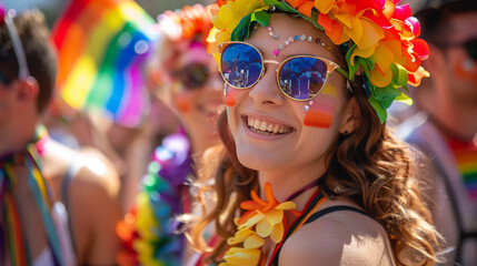 An LGBT pride parade, dozens of rainbow flags and balloons fill the iconic streets as diverse people joyfully march in celebration of love, equality and acceptance.