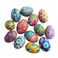 A vibrant collection of hand-painted Easter eggs, showcasing intricate designs and bright colors, perfect for festive celebrations.
