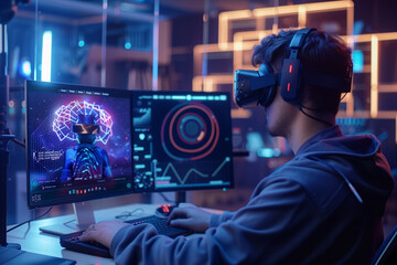 a close-up image of a laptop screen showing a man interacting with AI software. The screen features a detailed visual prompt, a progress bar, and a stunning AI-generated image in real-time. The user i