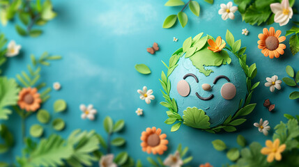 A smiling earth with flowers and leaves surrounding it