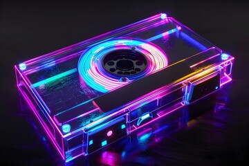 Neon cassette. Nostalgia of the 90s. Audio cassette for listening to music.