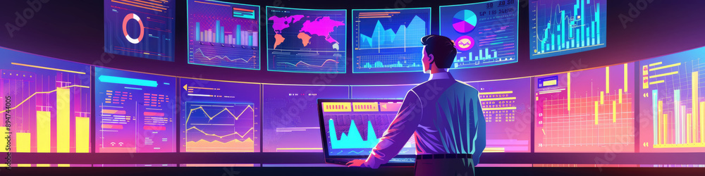Poster a man stands in front of a wall of screens displaying various charts and graphs