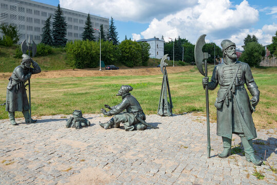 SERPUKHOV, RUSSIA - JULY 15, 2024: The sculptural composition "Sagittarians" at the foot of the Cathedral Mountain. Serpukhov, Moscow region. Russia