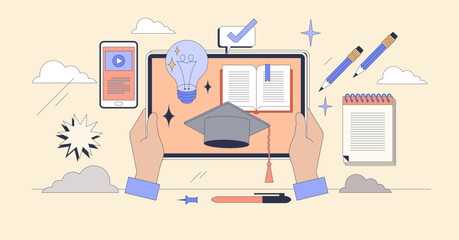 Modern education and digital learning tiny person neubrutalism concept. Online knowledge courses using website platform with interactive resources vector illustration. Smart e-learning technology.