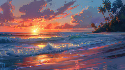 Sunset Over a Tropical Beach: A stunning view of a tropical beach during sunset, with vibrant colors painting the sky and the sun setting over the horizon. The foreground should include palm trees, ge
