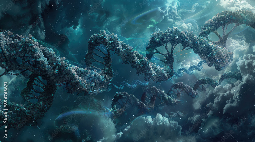 Poster dna structures in the form of trees float in a blue sky with white clouds