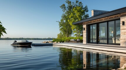 Fototapeta premium A serene lakeside home with a contemporary design