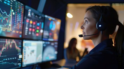 Live Chat Support.friendly customer service representative using headset and engaging with multiple chat windows on large screen. modern call center, digital communication and client support.