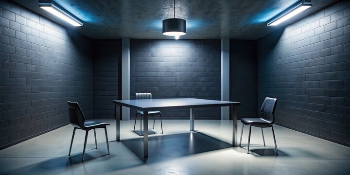 Dramatic police interrogation room scene with realistic rendering , police, interrogation, room, dramatic