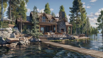 Fototapeta premium A serene lakeside cabin with a rustic yet luxurious design