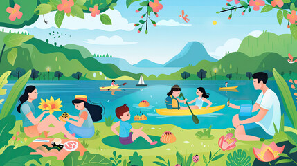 Fototapeta premium A family enjoys a relaxing summer day by the lake, while others paddle in a boat