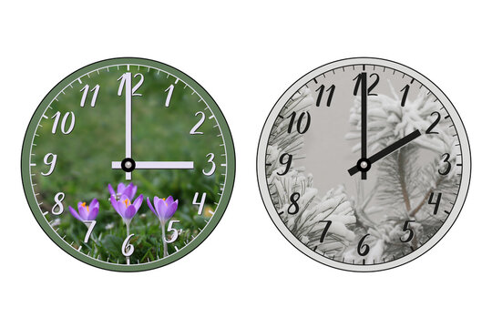 Two clocks: one represents summer and shows 03:00, the other represents winter and shows 02:00. Transition of time, the change to standard time, the shift to winter time, the hands move backwards.