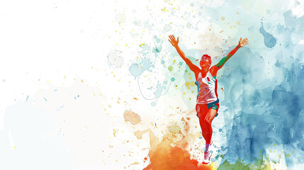 A watercolor painting of a runner celebrating with arms raised high