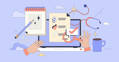 Online training for medical billing, coding tiny person neubrutalism concept. Digital course for healthcare financial paperwork management and understanding insurance coverage vector illustration.