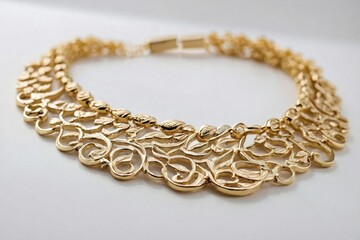 Obraz premium Gold Necklace on White Background: A gold necklace arranged in a smooth curve on a plain white background.