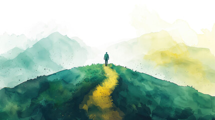 A solitary individual walks along a winding path that leads towards the summit of a pair of majestic, misty mountains