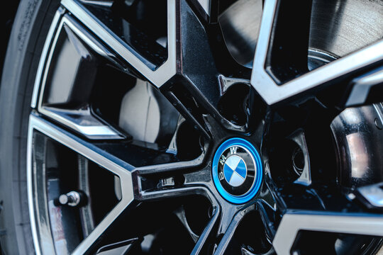 BMW aluminum rim with BMW logo Close-up of the sports rim on a new BMW i4 eDrive 35, Essen, Germany 