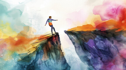 A person stands on the edge of a cliff, reaching out towards a cliff on the other side