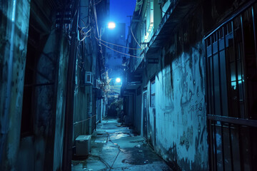 Creepy scary narrow alleyway at night in the city. Scary alley.