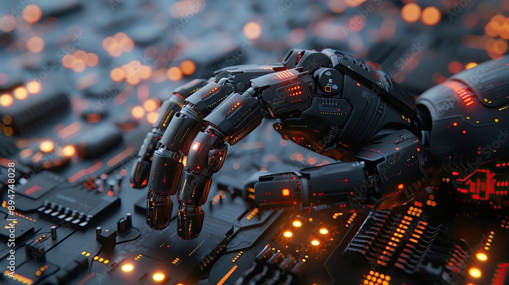 Poster close-up of a robotic hand interacting with an electronic circuit board, showcasing advanced technol