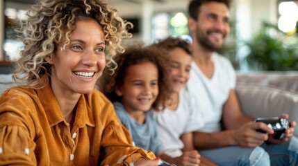 Fototapeta premium A family with two children, smiles abound, enjoy playing a video game together in the living room, exemplifying joy, bonding, and shared happiness in a warm home setting.