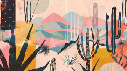 cactus plants and sunset in mexico desert, art collage style poster, retro, vintage, old fashioned, bright colors