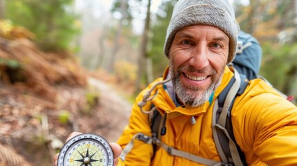 A man, smiling and geared up in a yellow jacket, is navigating his way through a forest trail using a compass, showcasing adventure, exploration, and a love for nature.