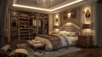 Big bedroom with queen size bed and closet of an elegant bedroom interiors