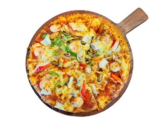 Delicious pizza with seafood, isolated on white background.
