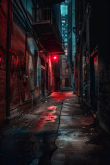 Creepy scary narrow alleyway at night in the city. Scary alley.
