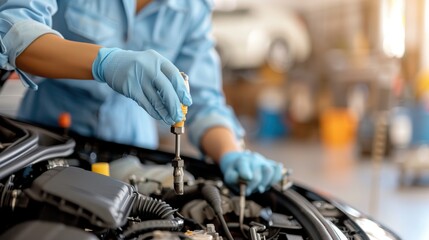 A mechanic wearing blue gloves works meticulously on a car's engine, aiming to ensure the proper functioning and longevity of the vehicle in an automotive workshop.
