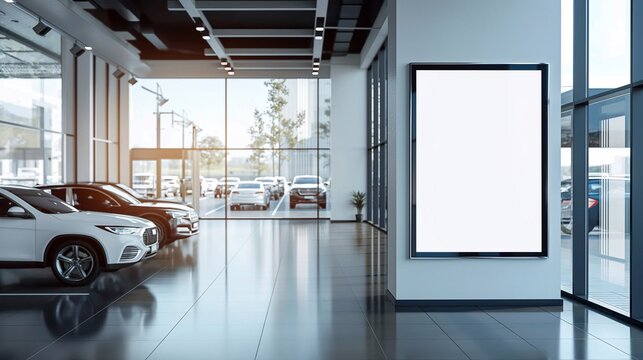 blank white poster in car dealership.