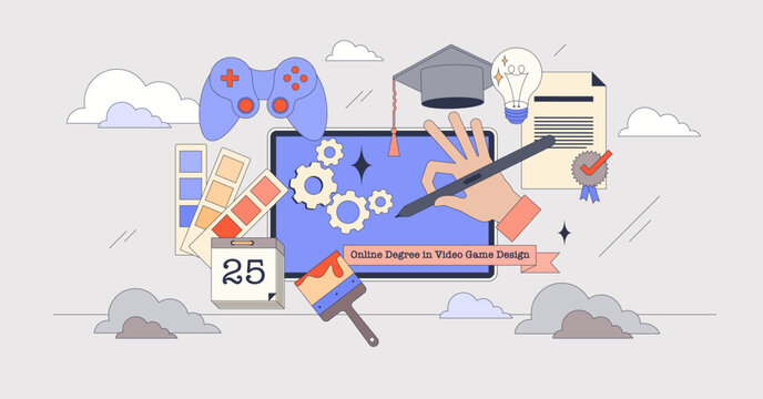 Online degree in video game design career tiny person neubrutalism concept. Study for professional digital entertainment platform creation vector illustration. Distant learning education diploma.
